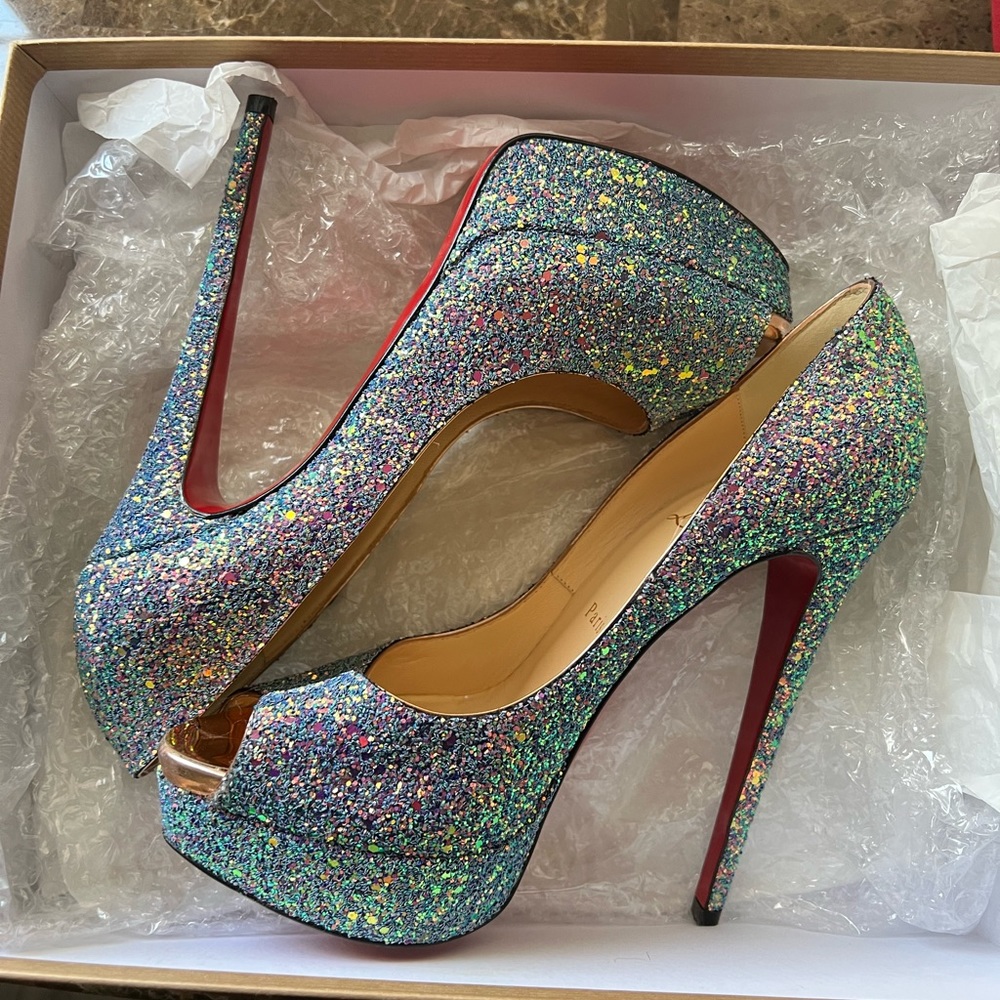 Christian Louboutin Dragonfly Glitter Peep Toe 39.5